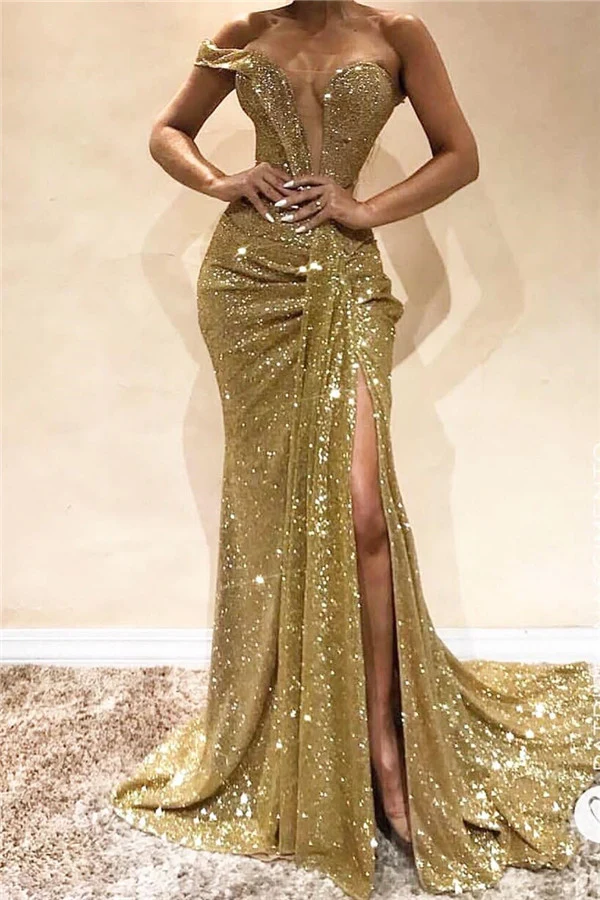 Robe de bal élégante à une épaule et paillettes dorées avec fente latérale pour événements formels