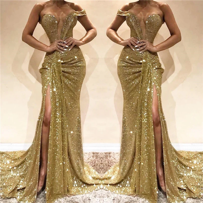 Robe de bal élégante à une épaule et paillettes dorées avec fente latérale pour événements formels