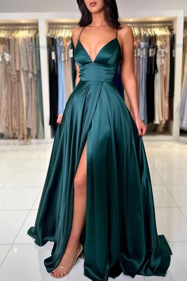 Robe de soirée élégante en satin à bretelles fines et fente – Idéale pour une tenue de soirée