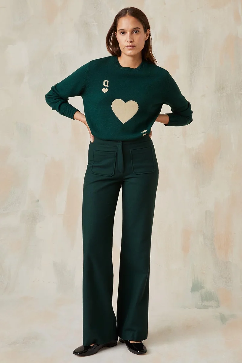 Pull Dame de Cœur Vert en Laine