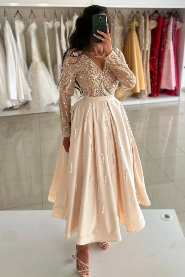 Robe de soirée chic en satin pailleté, longueur cheville, manches longues et col en V