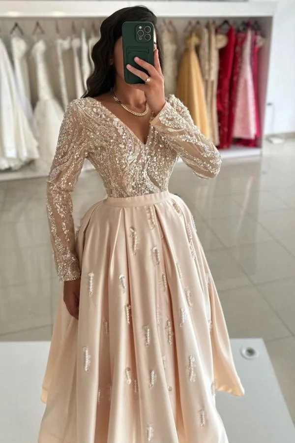 Robe de soirée chic en satin pailleté, longueur cheville, manches longues et col en V