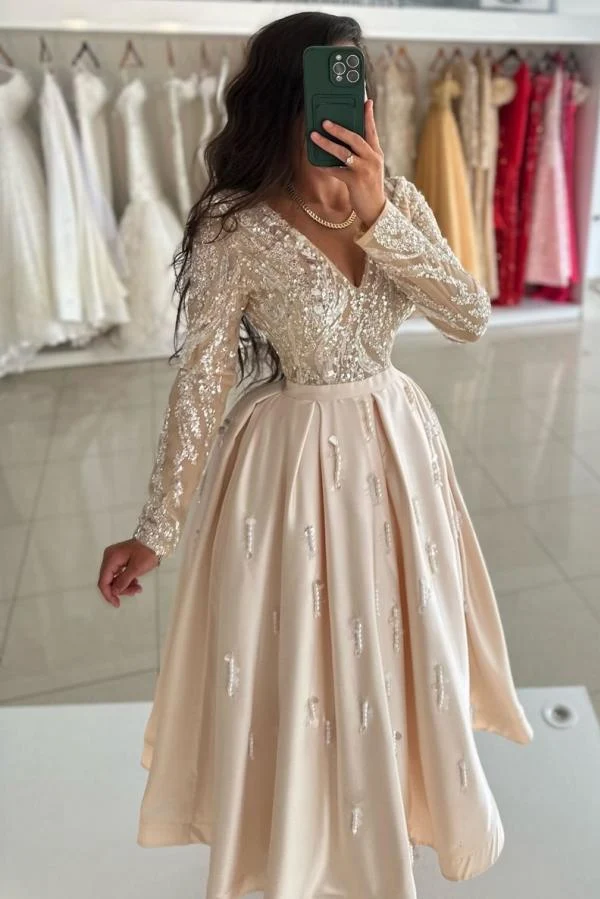 Robe de soirée chic en satin pailleté, longueur cheville, manches longues et col en V