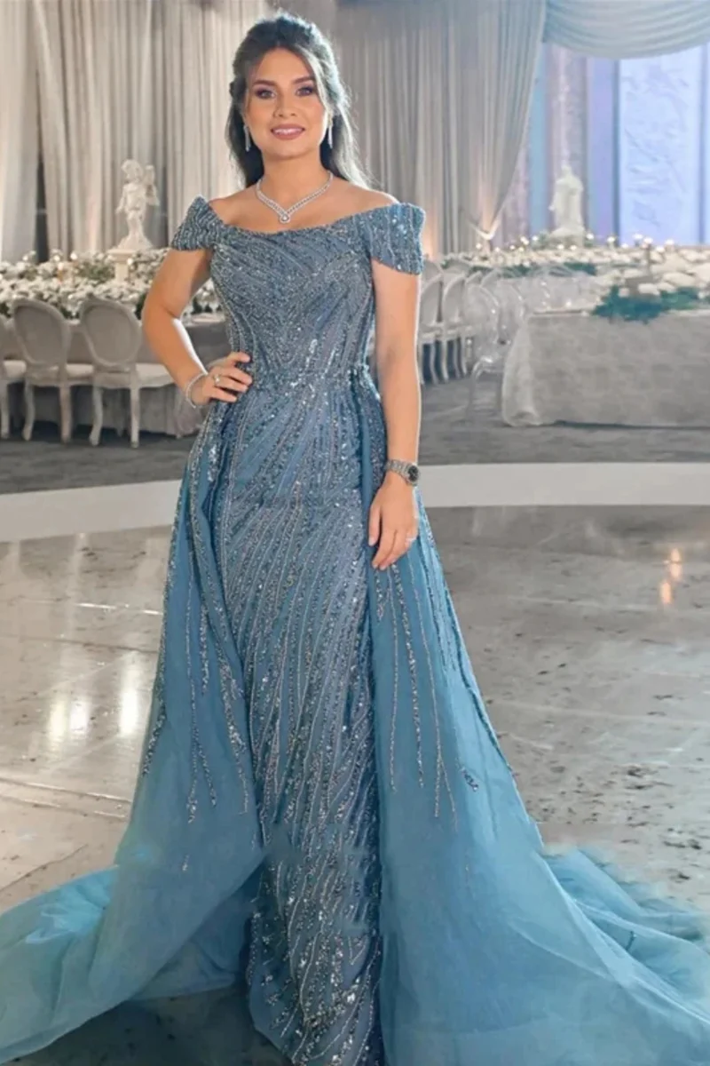 Robe de bal sirène élégante en satin lilas avec perles scintillantes et manches longues
