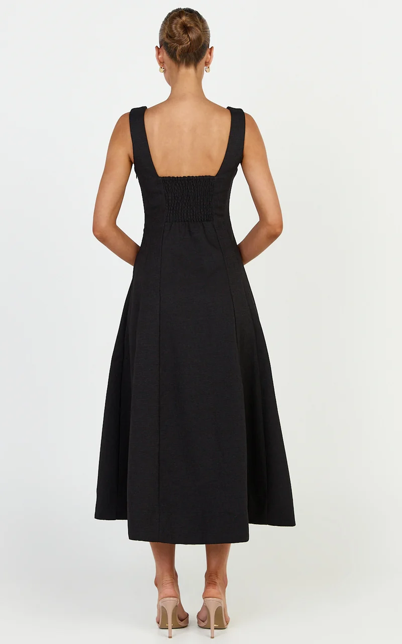 Walters Midi Dress - Square Neck Shirred Back Fit and Flare Panel Dress in Black