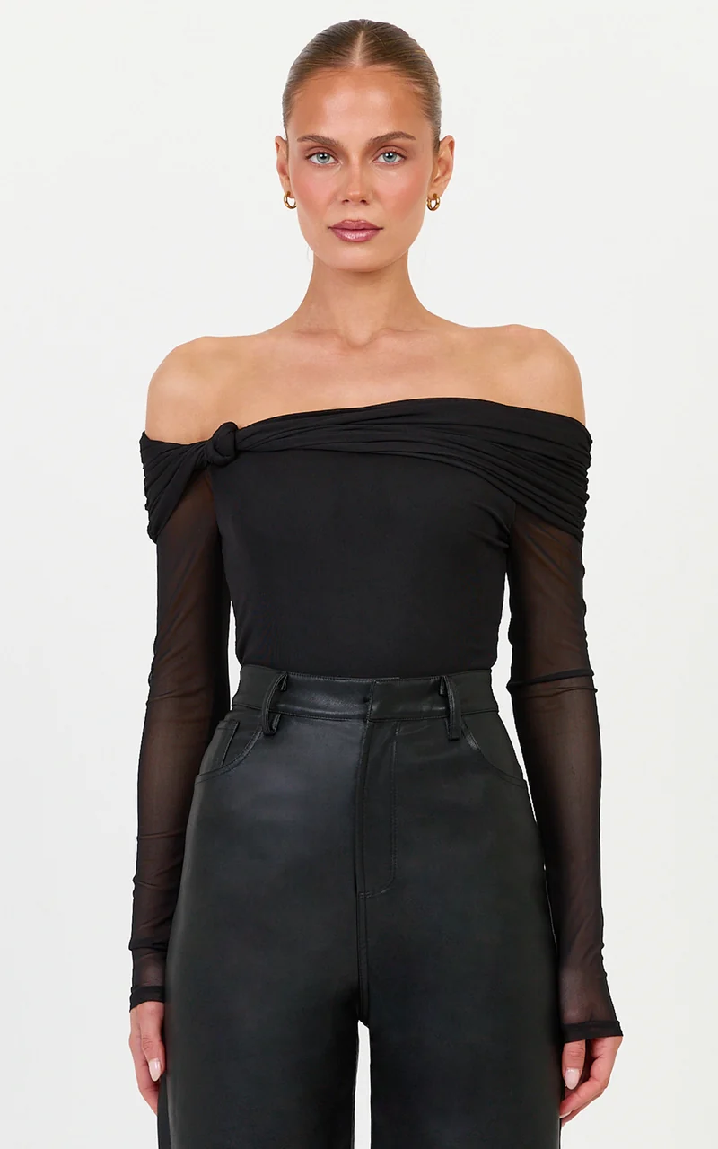 Amy Bodysuit - Off The Shoulder Long Sleeve Bodysuit with Twist Neck Detail in Black
