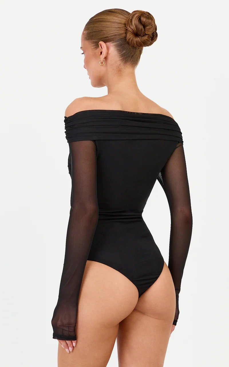Amy Bodysuit - Off The Shoulder Long Sleeve Bodysuit with Twist Neck Detail in Black