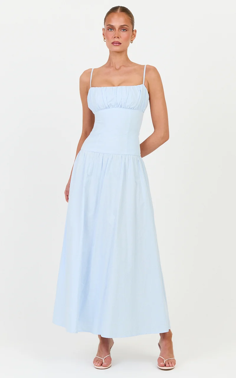 Amira Midi Dress - Gathered Bust Dropped Waist Dress in Pale Blue