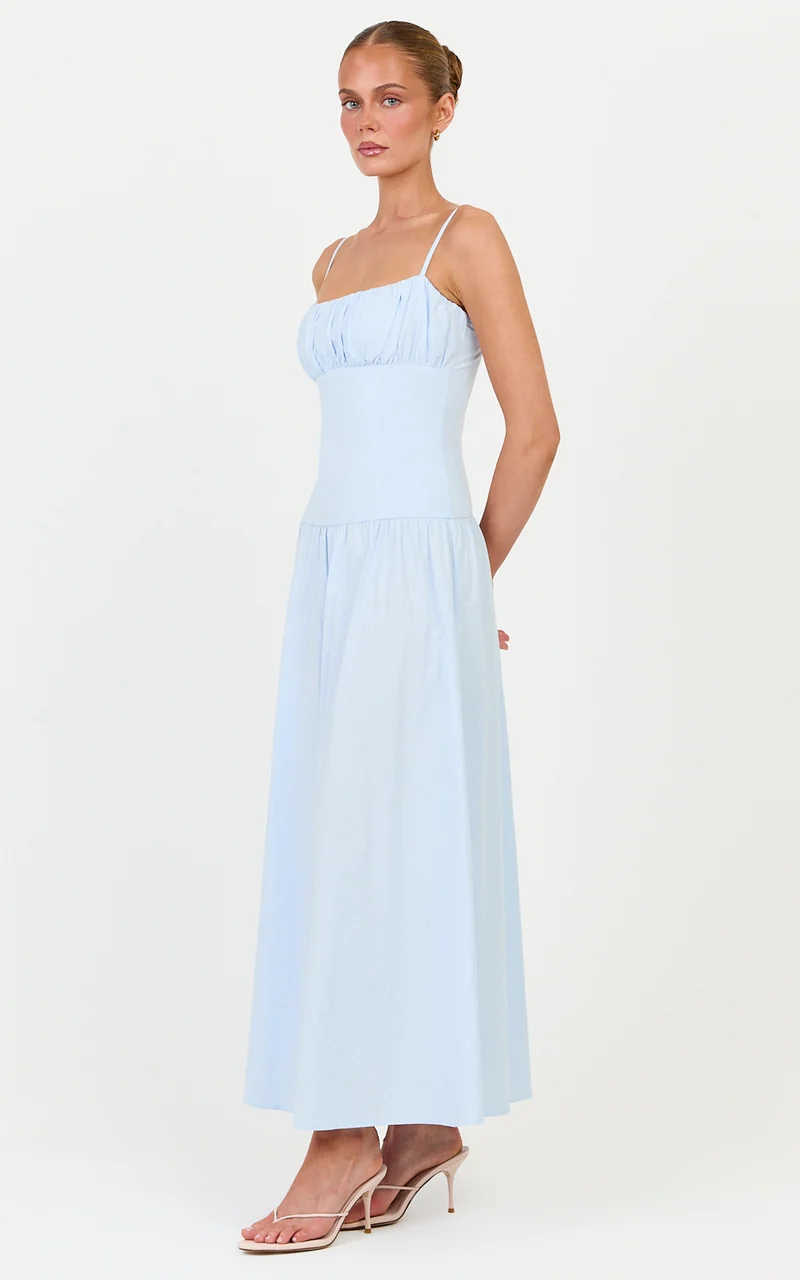 Amira Midi Dress - Gathered Bust Dropped Waist Dress in Pale Blue