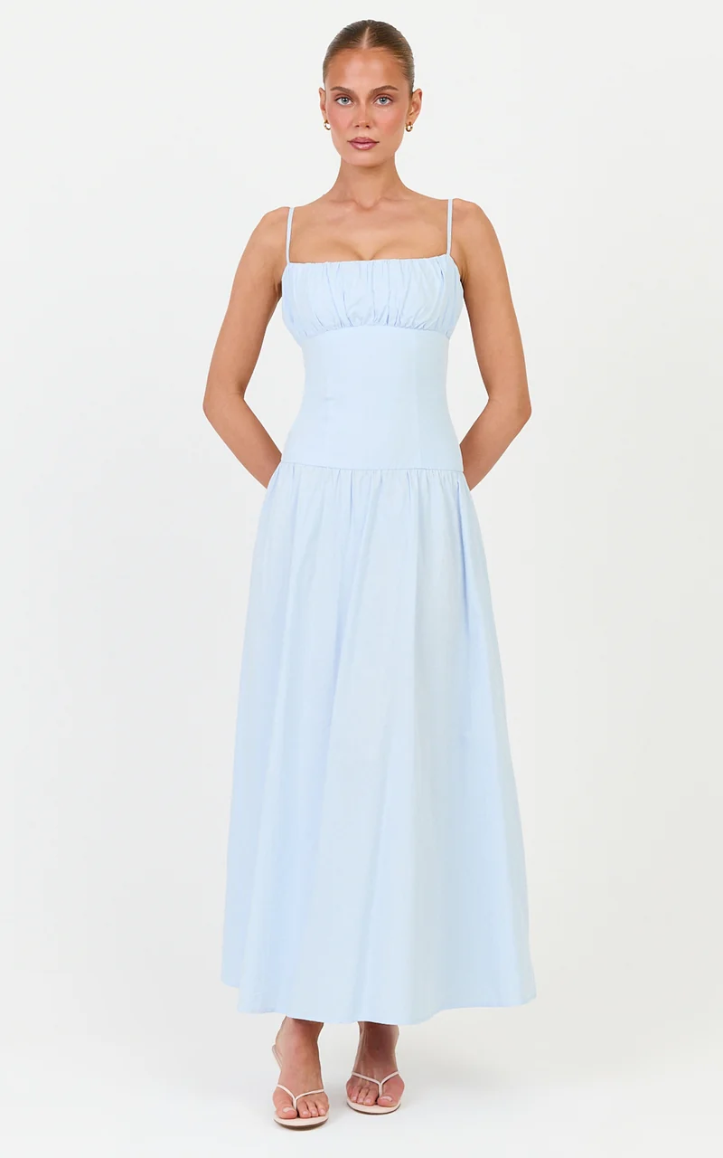 Amira Midi Dress - Gathered Bust Dropped Waist Dress in Pale Blue