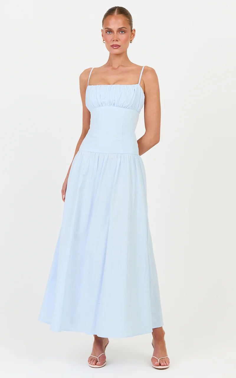 Amira Midi Dress - Gathered Bust Dropped Waist Dress in Pale Blue