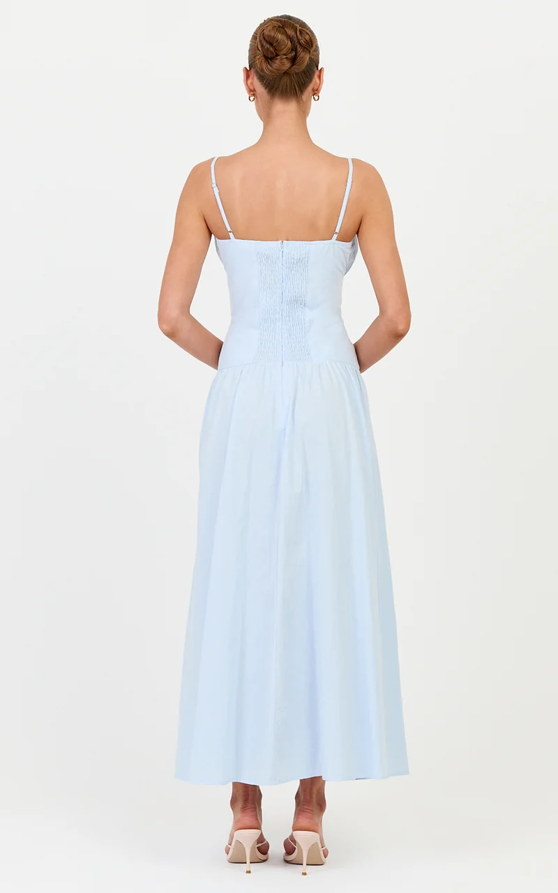 Amira Midi Dress - Gathered Bust Dropped Waist Dress in Pale Blue