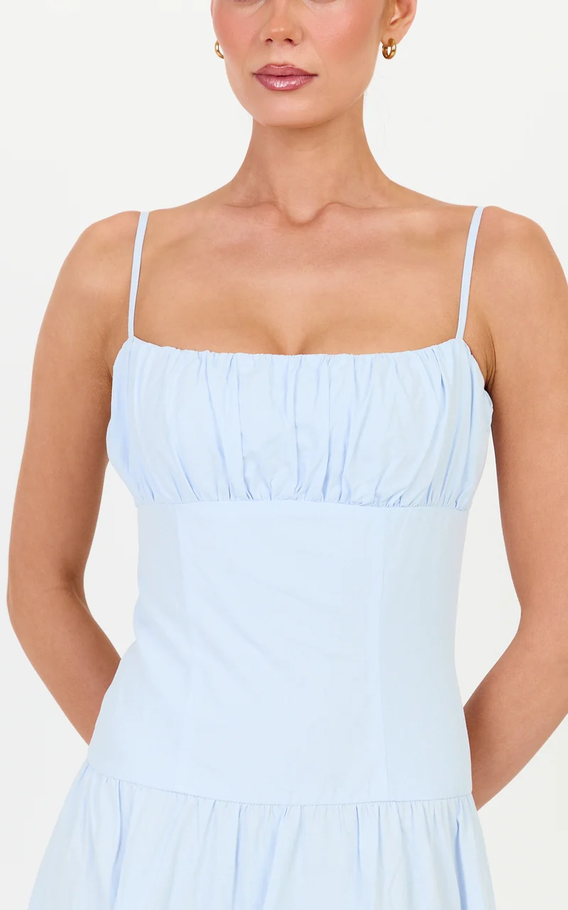 Amira Midi Dress - Gathered Bust Dropped Waist Dress in Pale Blue