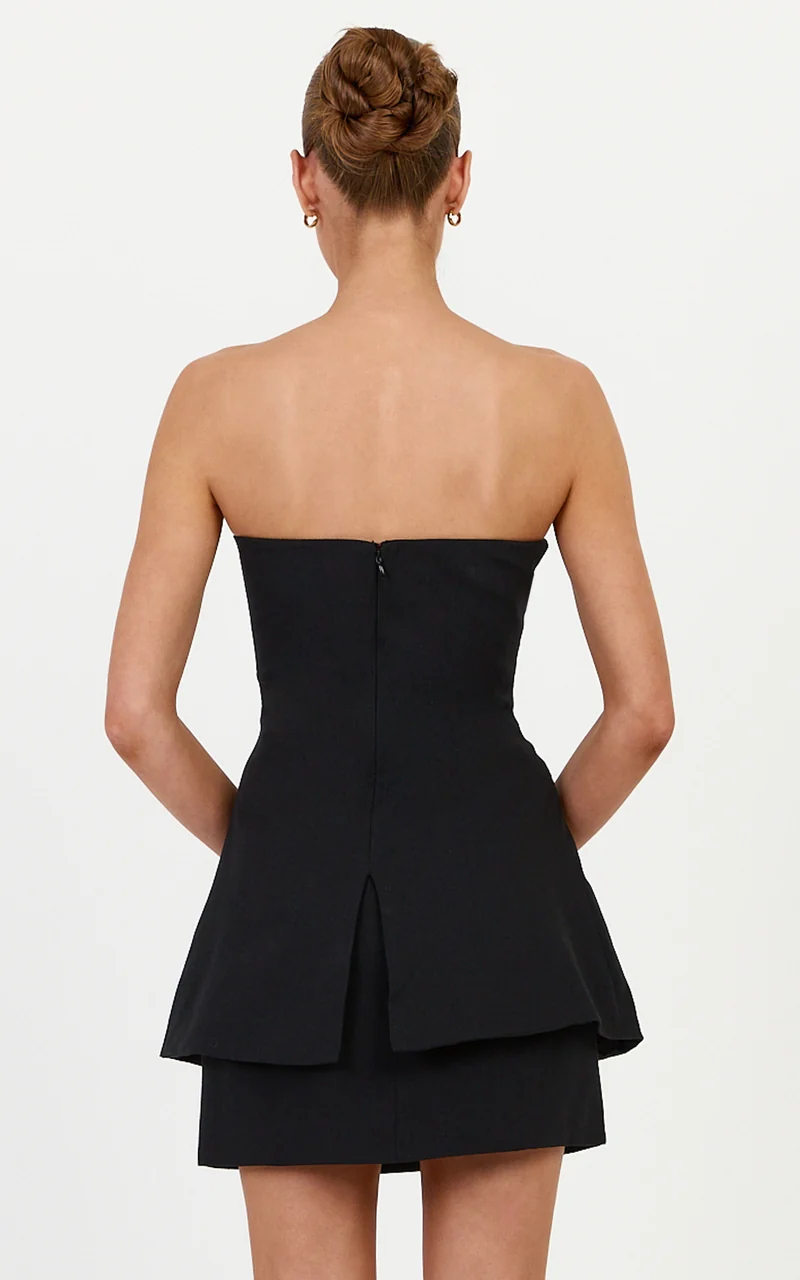 Eliza Two Piece Top and Skirt Set - Strapless Tailored Longline Top and Skirt Set in Jet Black