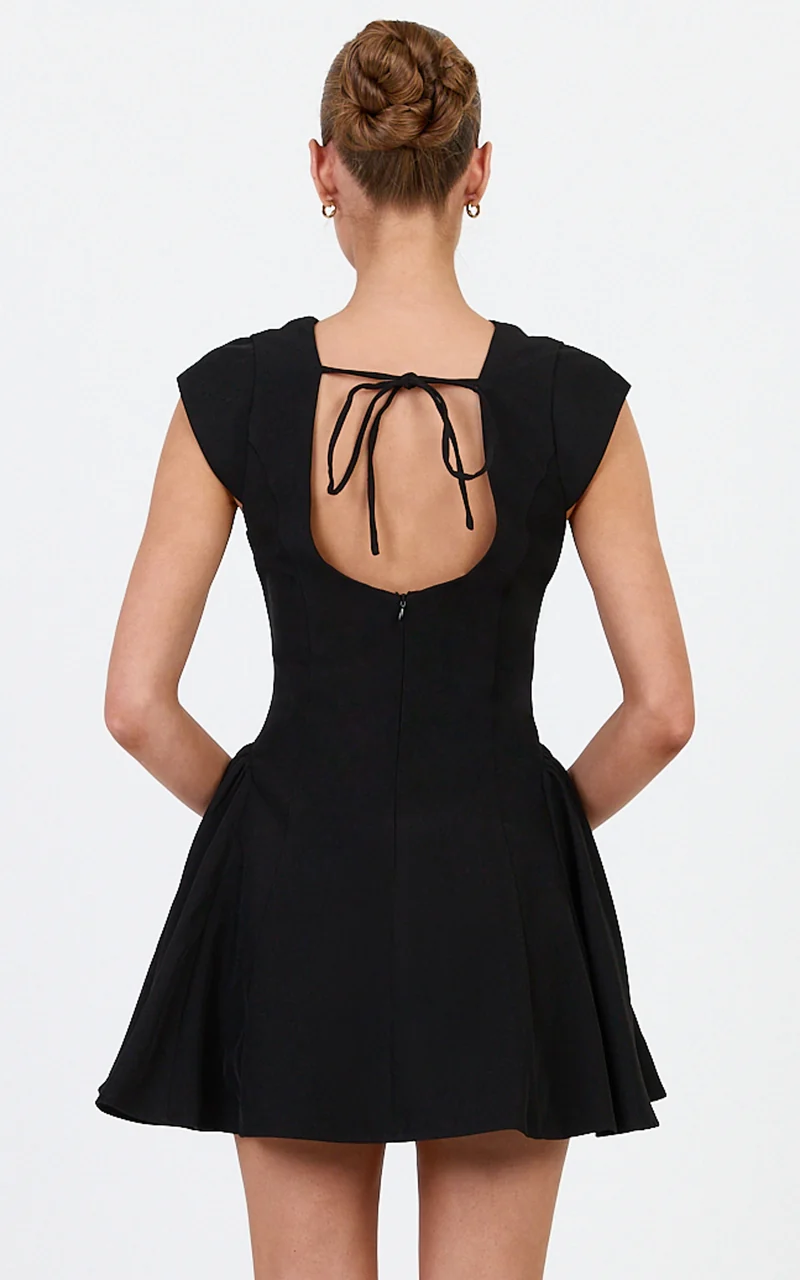 Lorayne Mini Dress - Cap Sleeve Gathered Hip Tie Back Mini Dress in Black