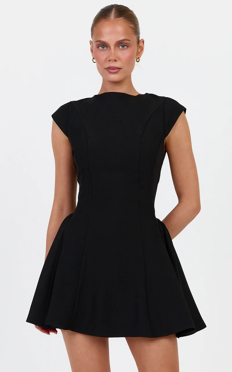 Lorayne Mini Dress - Cap Sleeve Gathered Hip Tie Back Mini Dress in Black