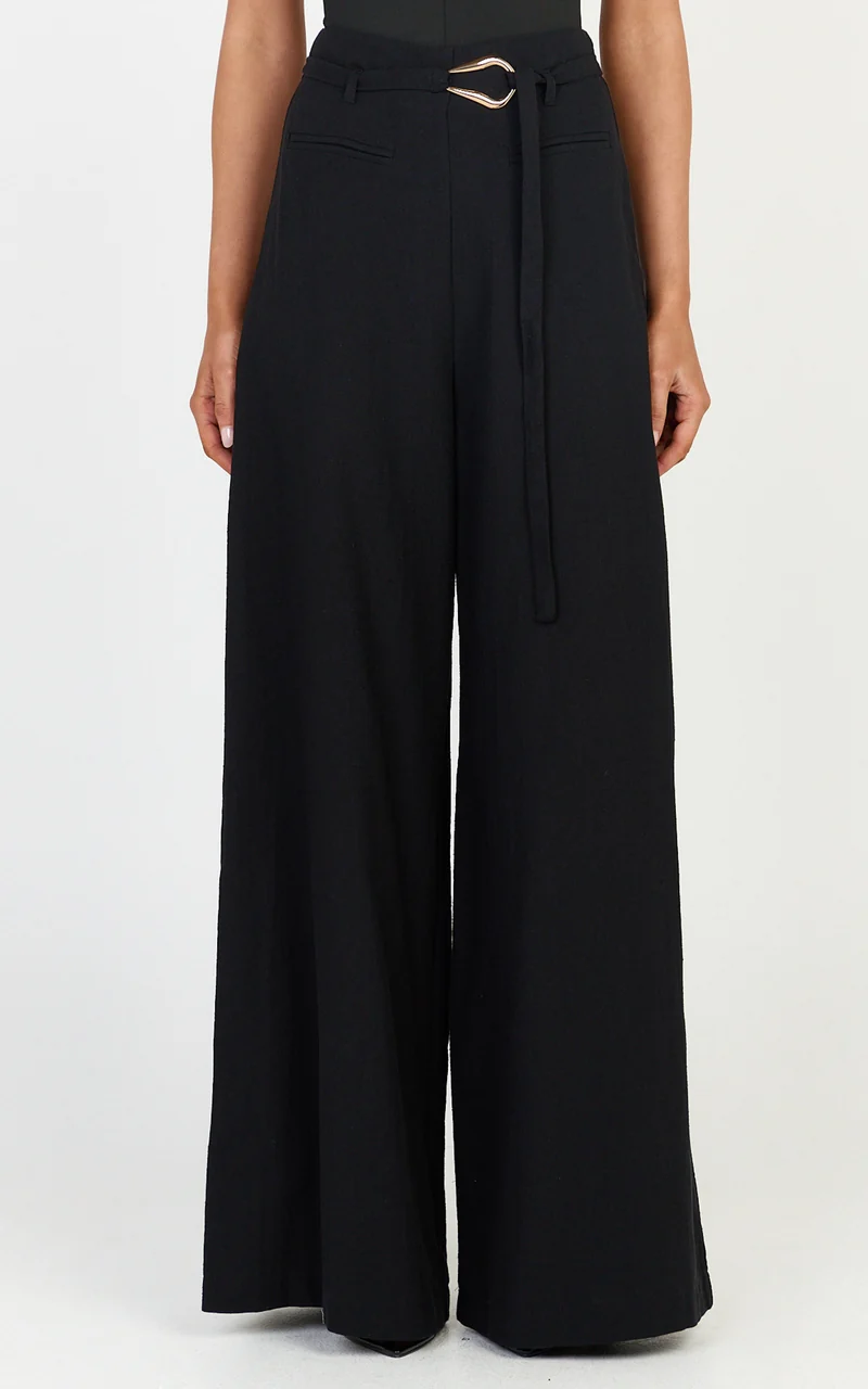 Kyra Pants - Linen Look Belted Wide Leg Pants in Black