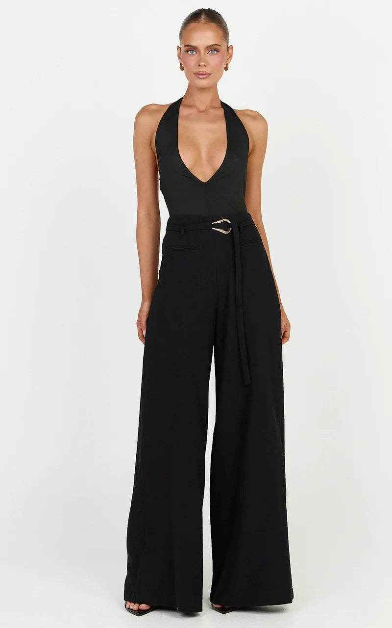 Kyra Pants - Linen Look Belted Wide Leg Pants in Black