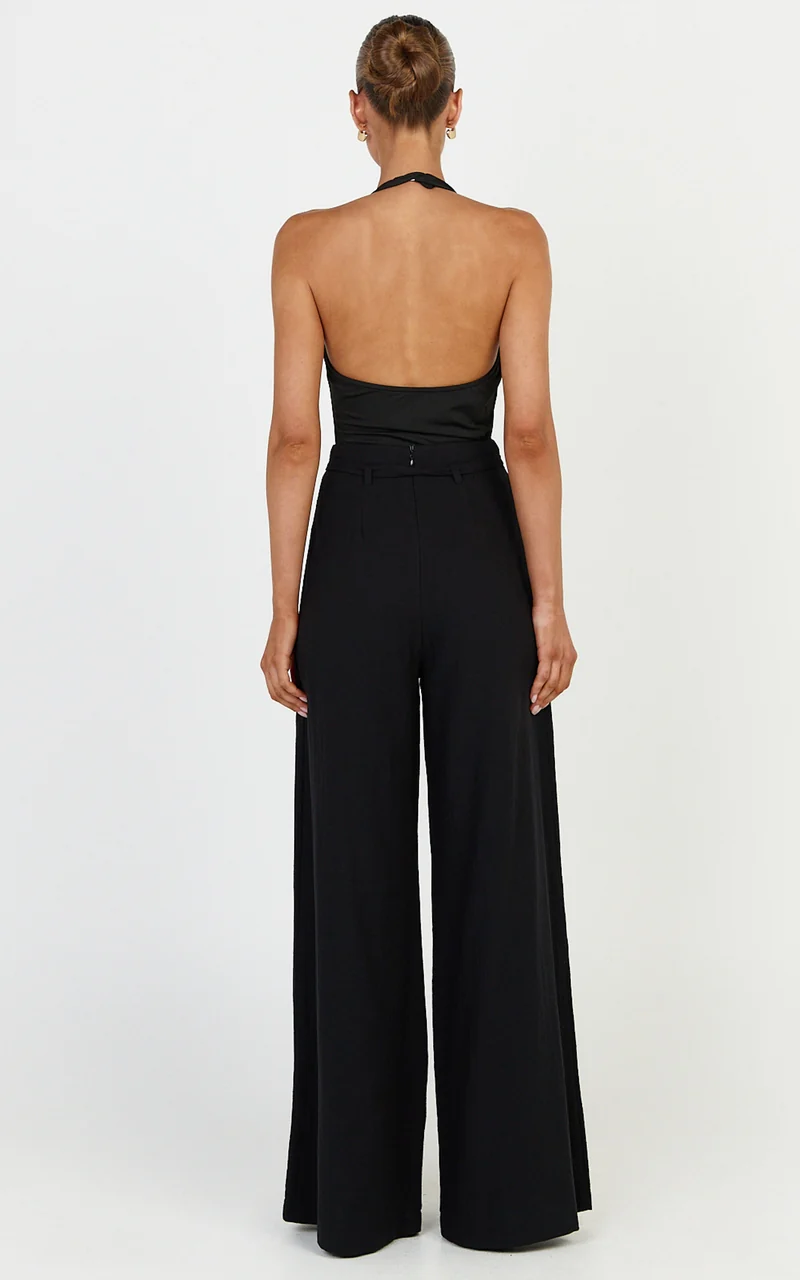 Kyra Pants - Linen Look Belted Wide Leg Pants in Black