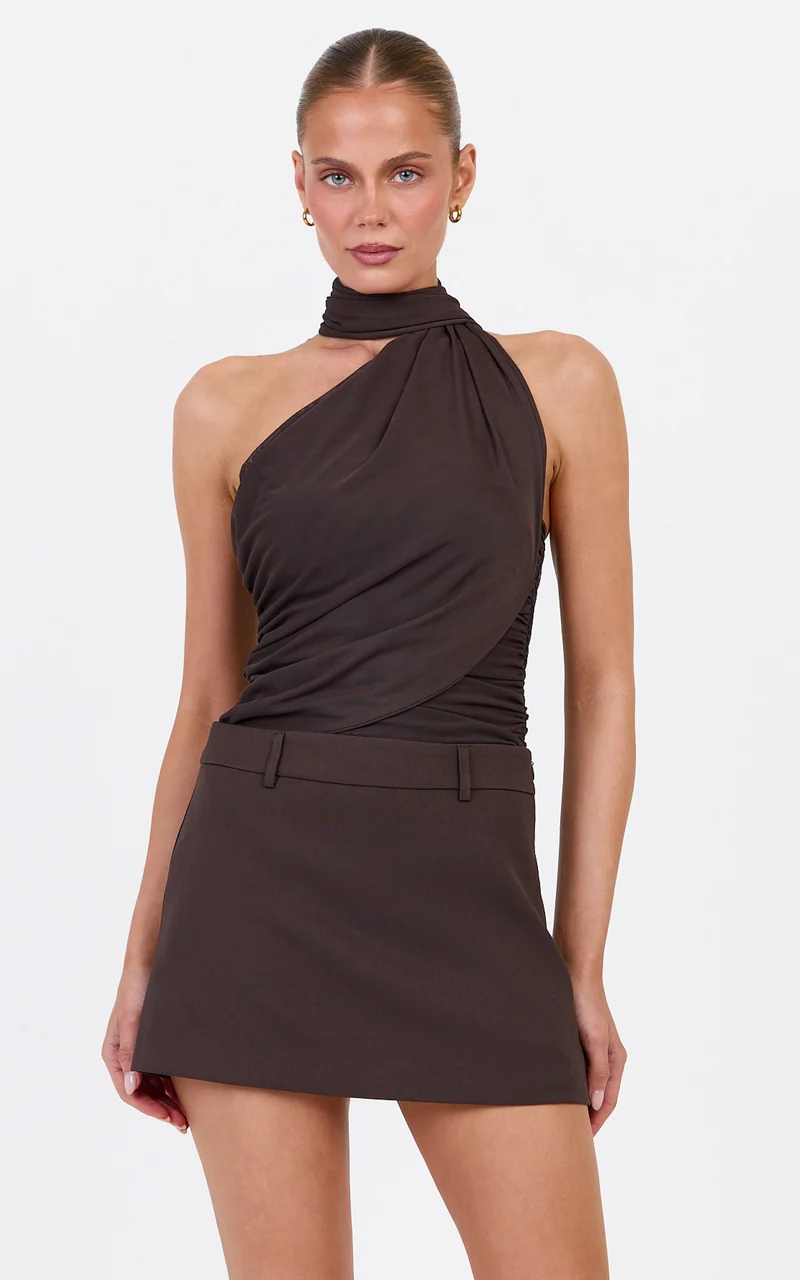 Lucienne Bodysuit - One Shoulder Draped Scarf Bodysuit in Chocolate