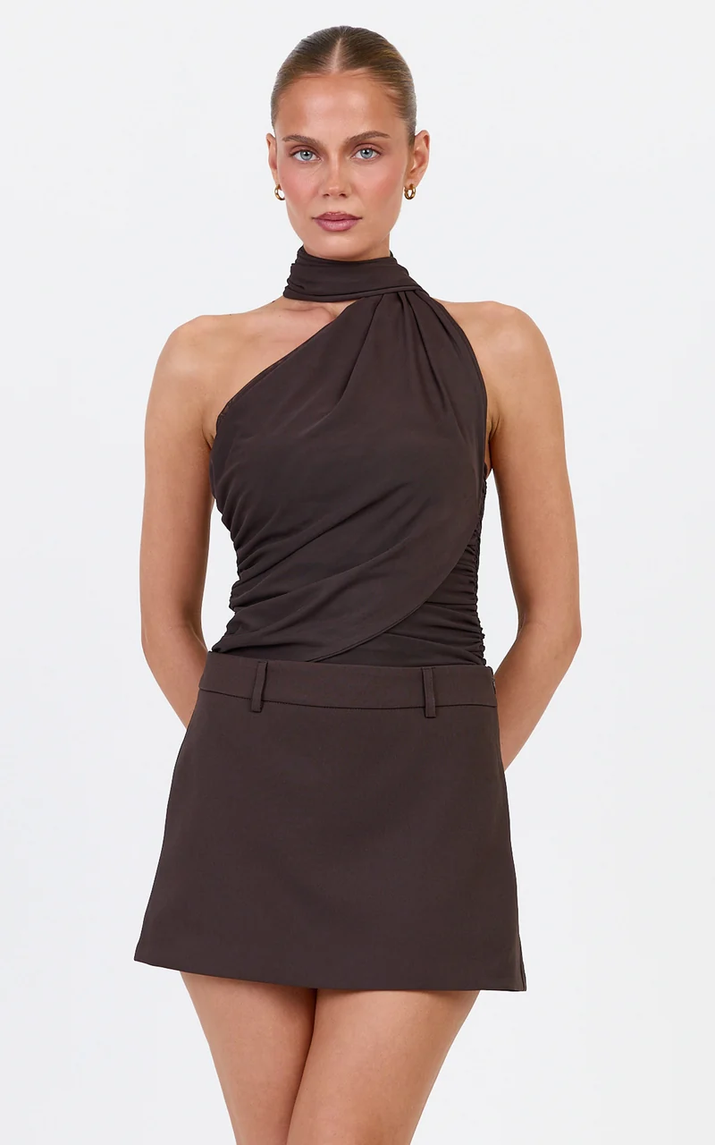 Lucienne Bodysuit - One Shoulder Draped Scarf Bodysuit in Chocolate