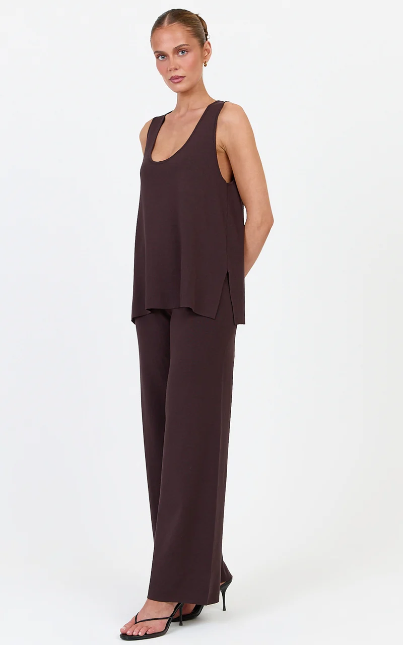 Leonie Two Piece Set - Knit Shell Top and Pant Set in Chocolate