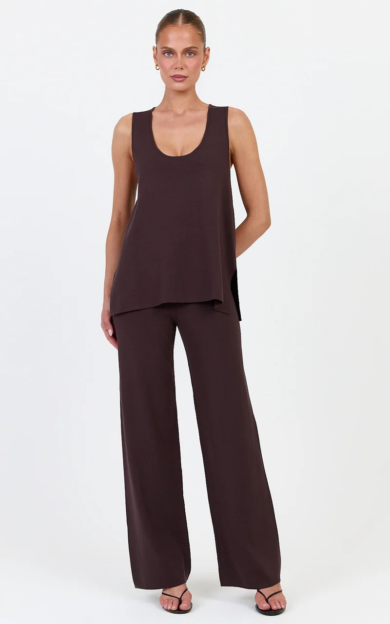 Leonie Two Piece Set - Knit Shell Top and Pant Set in Chocolate