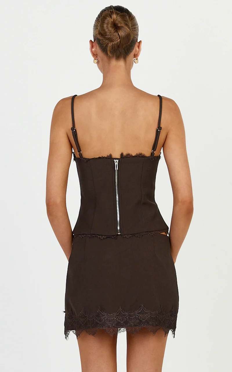 Primrose Mini Skirt - Side Split Lace Insert Slip Skirt in Dark Chocolate