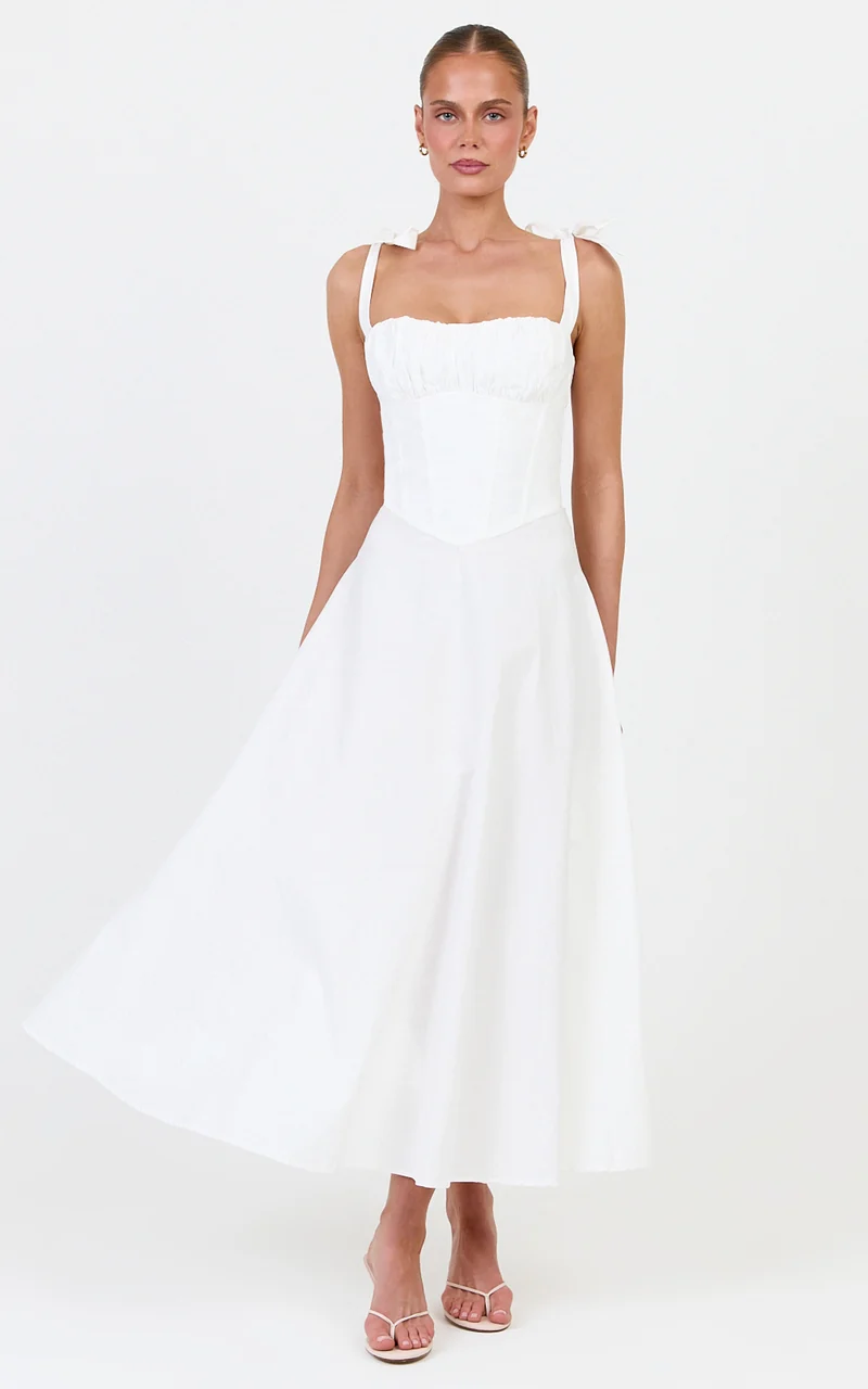 Vionette Midi Dress - Tie Shoulder Ruched Bust Corset Dress in White