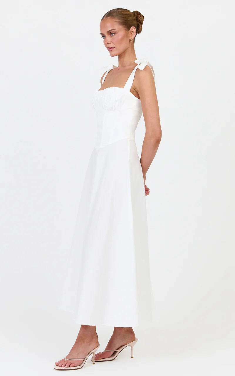 Vionette Midi Dress - Tie Shoulder Ruched Bust Corset Dress in White