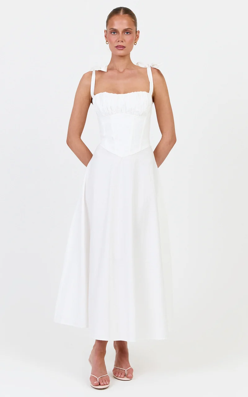 Vionette Midi Dress - Tie Shoulder Ruched Bust Corset Dress in White