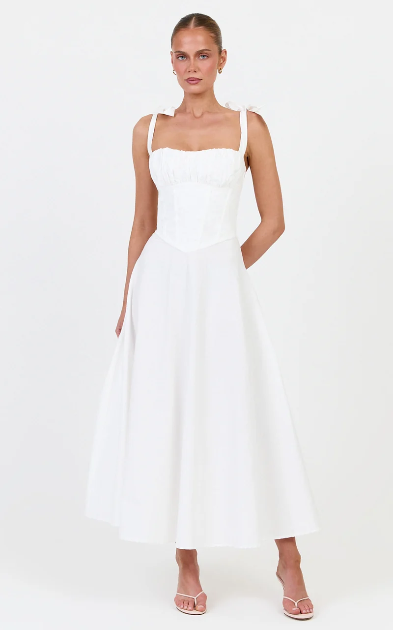 Vionette Midi Dress - Tie Shoulder Ruched Bust Corset Dress in White