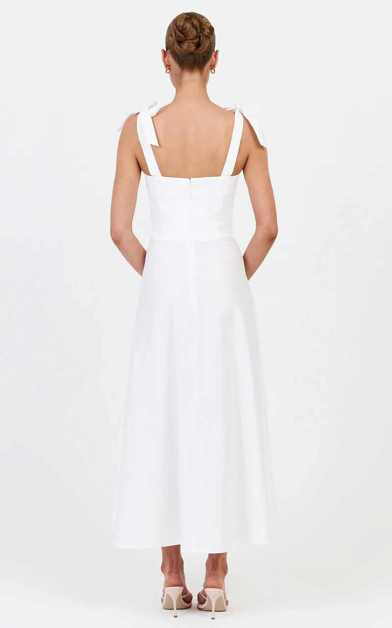 Vionette Midi Dress - Tie Shoulder Ruched Bust Corset Dress in White