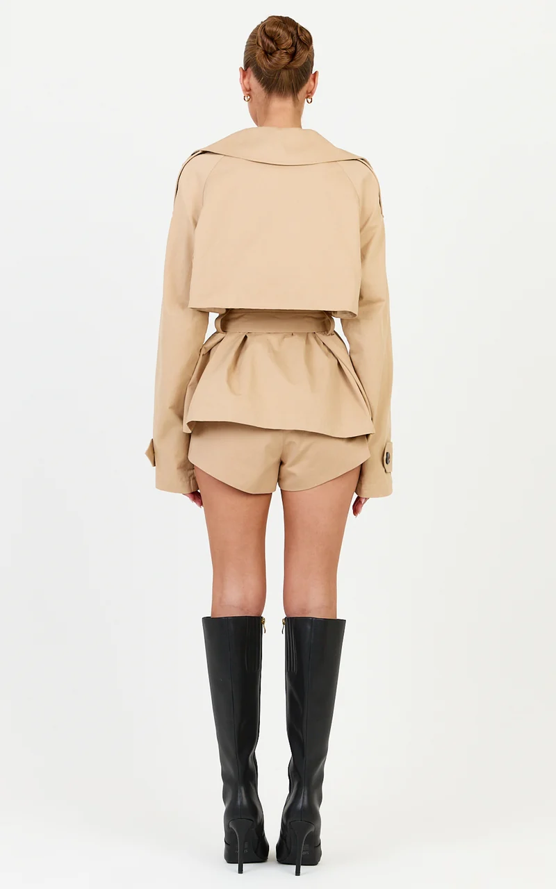 Freya Coat - Oversized Mini Belted Trench Coat in Light Beige