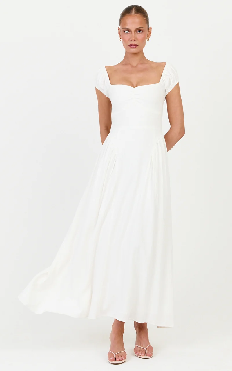 Astrid Midi Dress - Sweetheart Neckline Capped Sleeve Dress in Off White