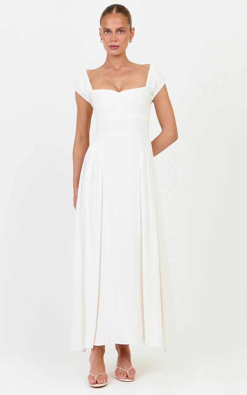 Astrid Midi Dress - Sweetheart Neckline Capped Sleeve Dress in Off White