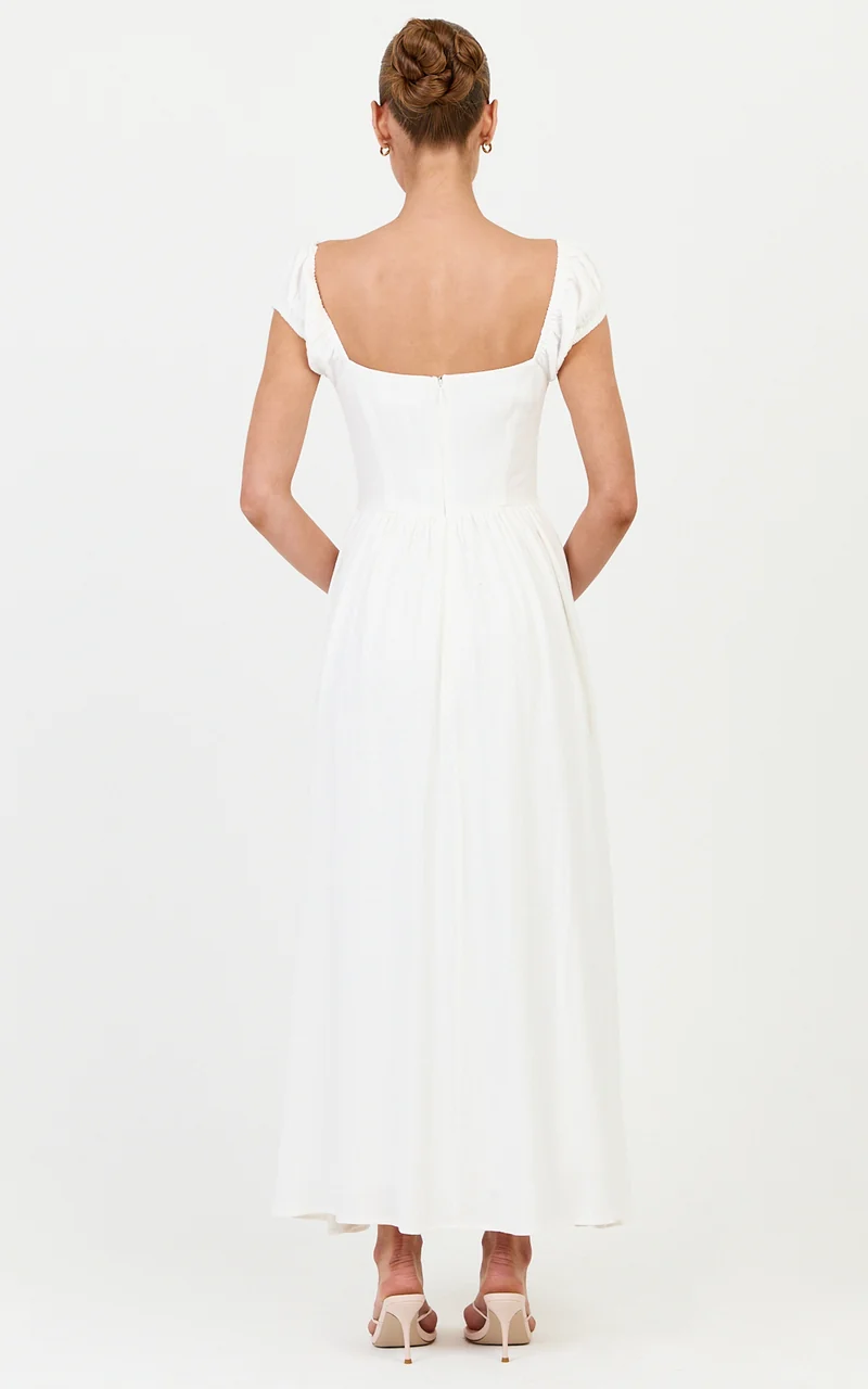 Astrid Midi Dress - Sweetheart Neckline Capped Sleeve Dress in Off White