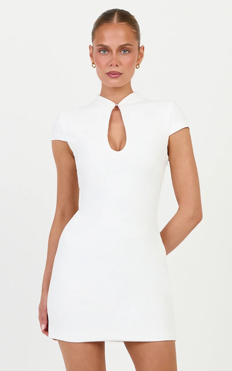 Briony Mini Dress - High Neck Front Key Hole Fitted Dress in White