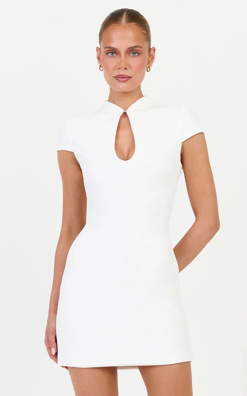 Briony Mini Dress - High Neck Front Key Hole Fitted Dress in White