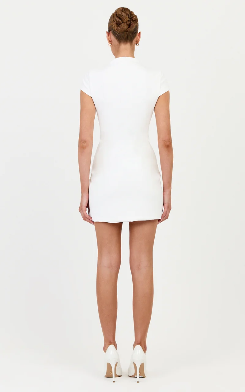 Briony Mini Dress - High Neck Front Key Hole Fitted Dress in White