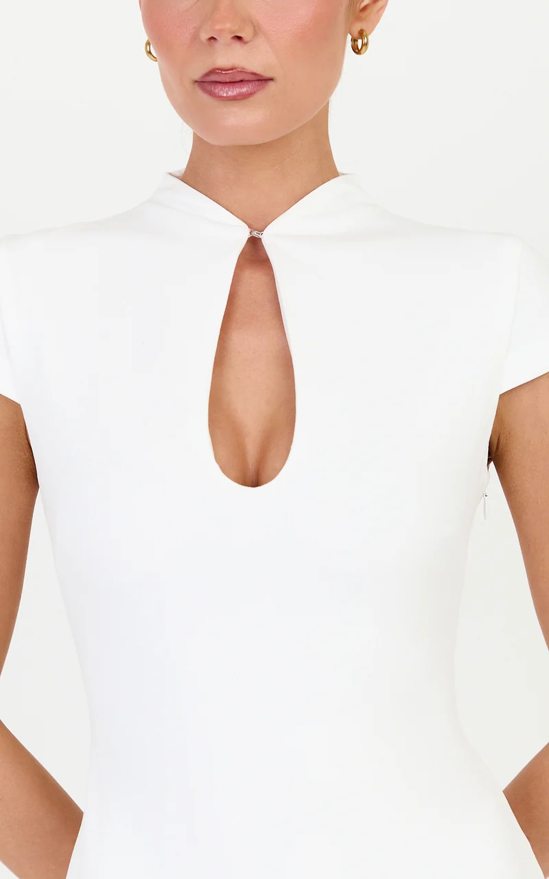 Briony Mini Dress - High Neck Front Key Hole Fitted Dress in White