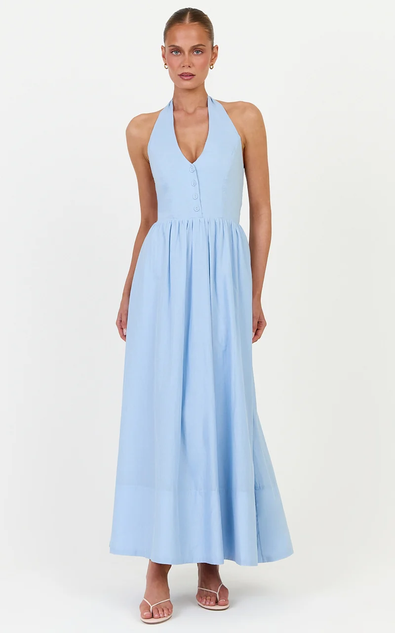 Everly Midi Dress - Tie Halter Neck Button Down Bodice Fit And Flare Dress in Cornflower Blue