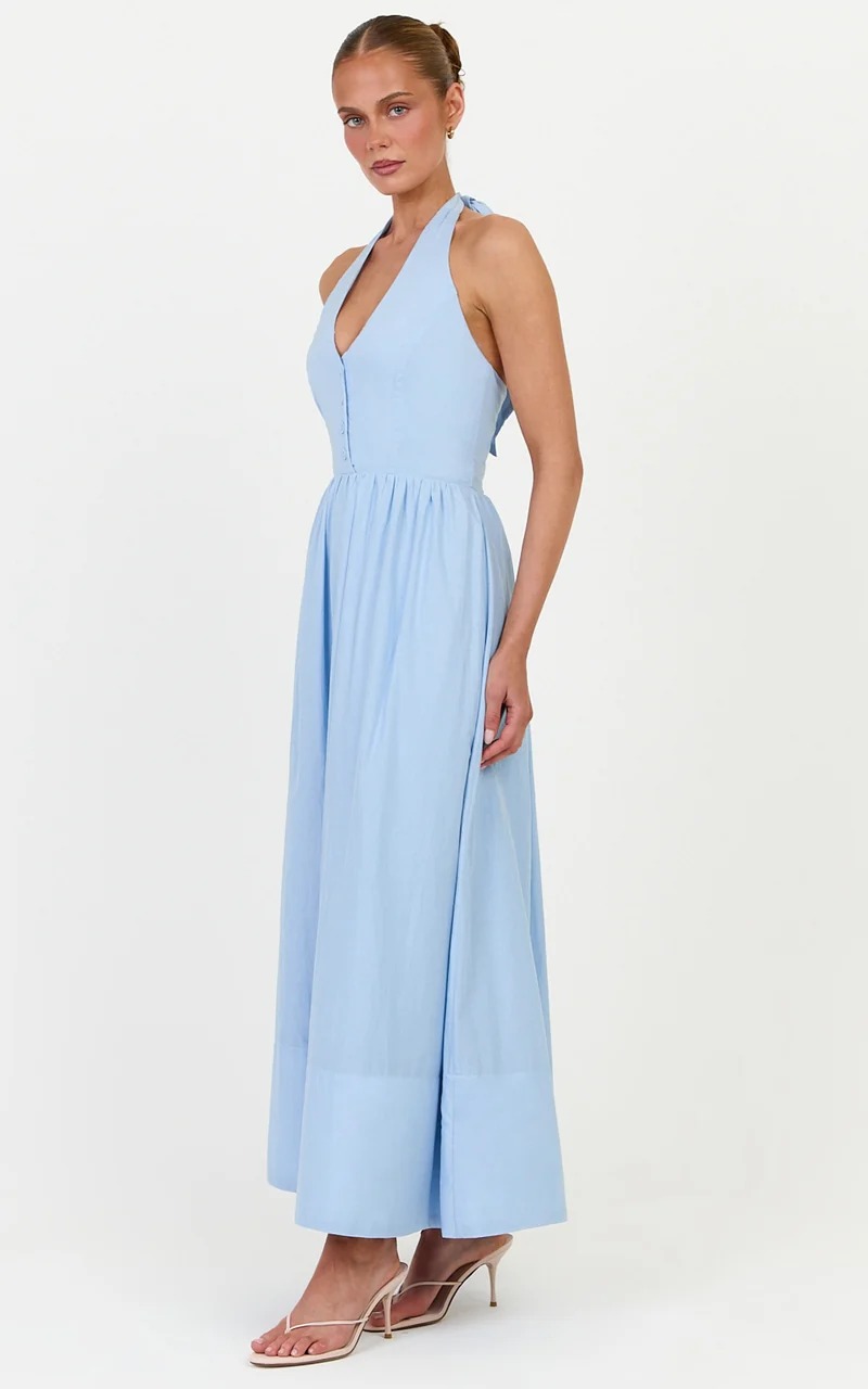 Everly Midi Dress - Tie Halter Neck Button Down Bodice Fit And Flare Dress in Cornflower Blue