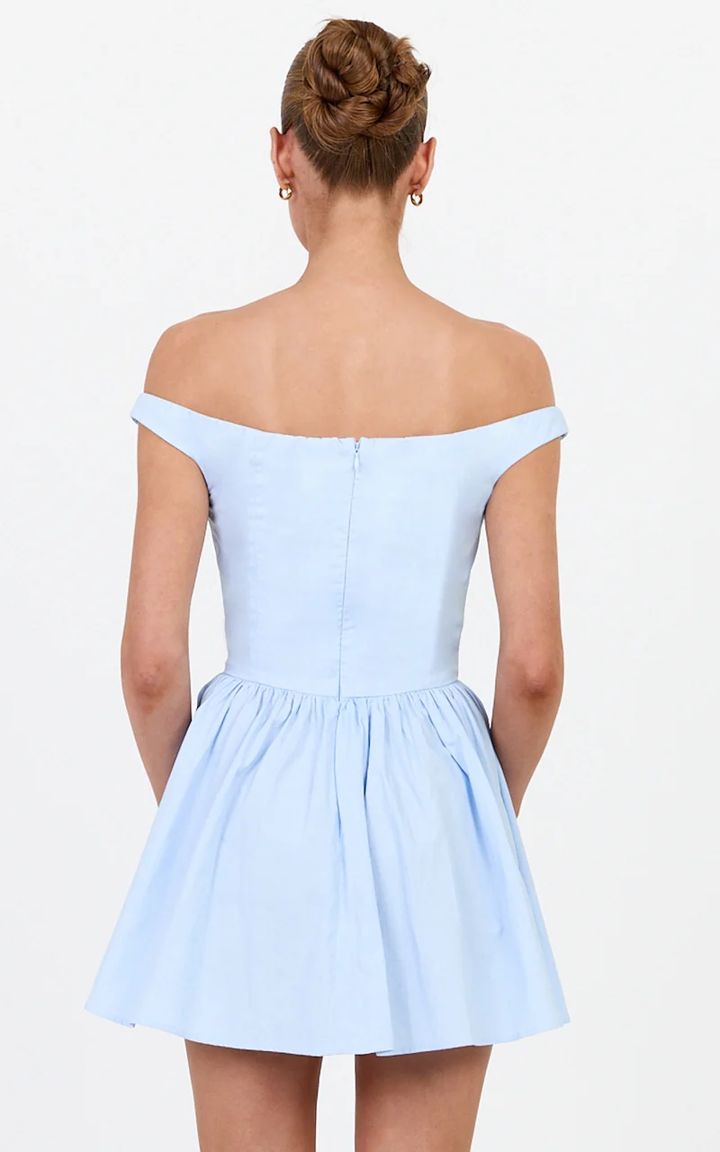 Lacey Mini Dress - Off Shoulder Gathered Waist Dress in Blue