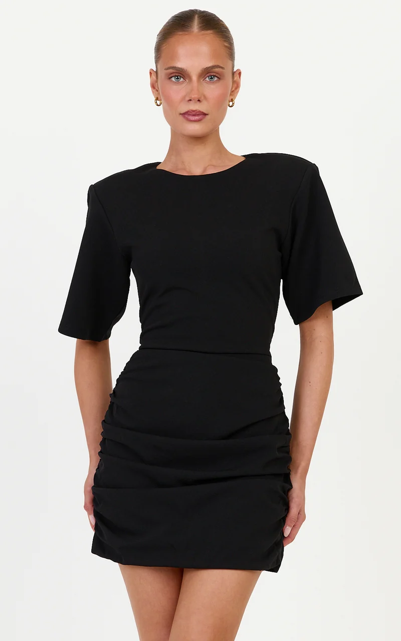 Dahlia Mini Dress - Power Shoulder T Shirt Dress in Black