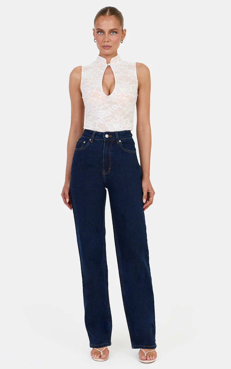Nyla Bodysuit - Mandarin Collar Keyhole Lace Bodys in White