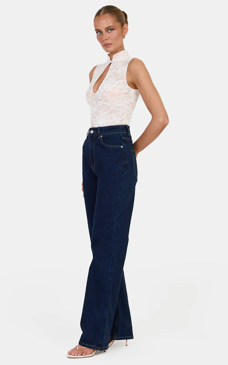Nyla Bodysuit - Mandarin Collar Keyhole Lace Bodys in White