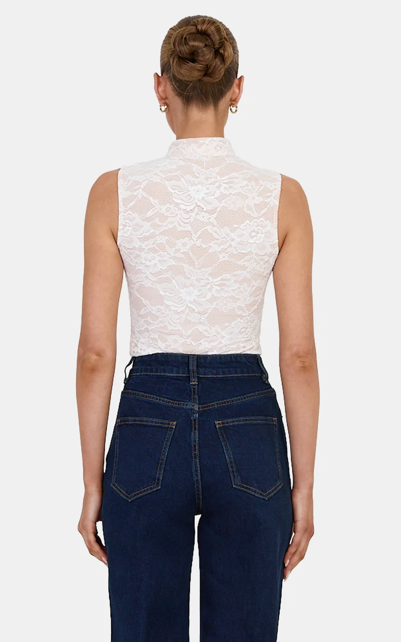 Nyla Bodysuit - Mandarin Collar Keyhole Lace Bodys in White