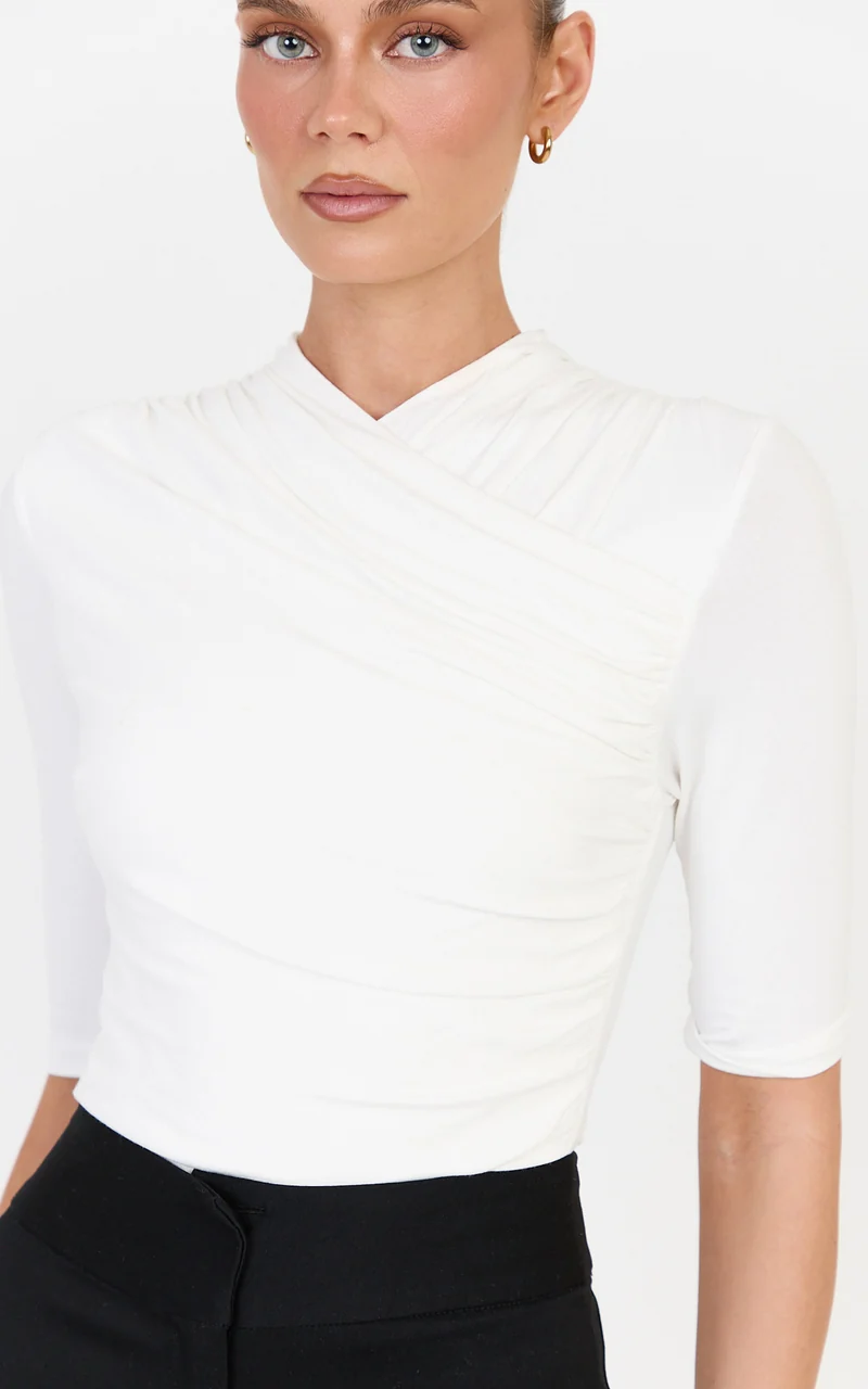Tess Top - Cotton Blend Wrap V Neck Short Sleeve Top in Ivory