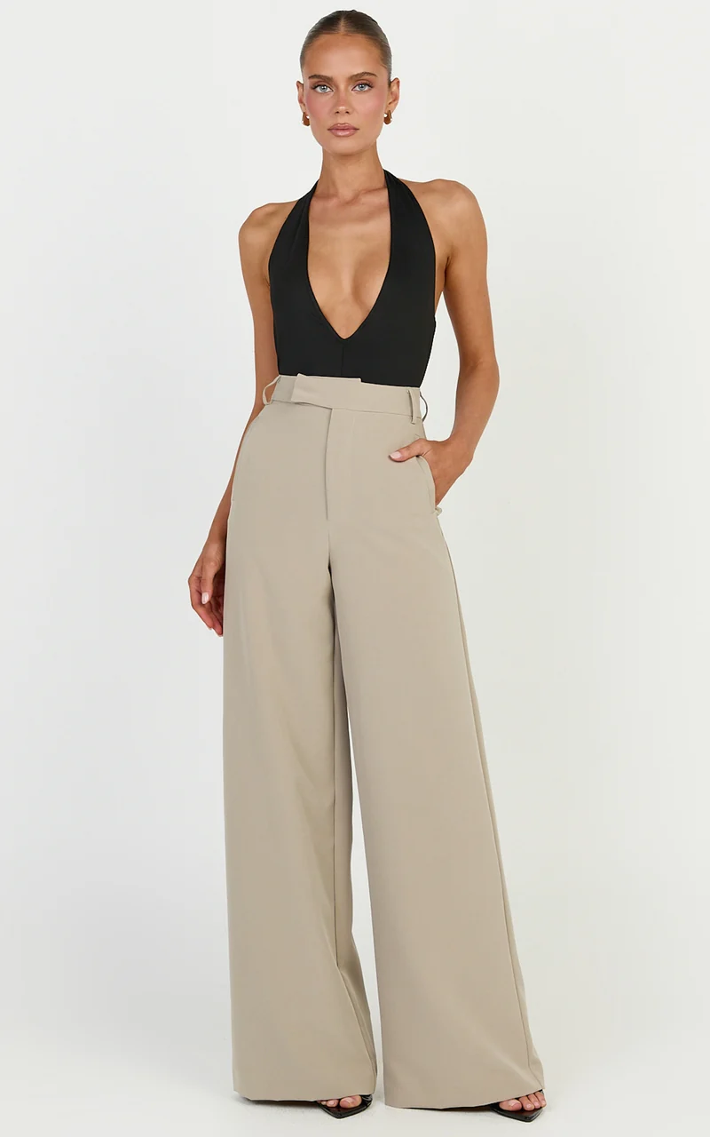 Selena Pants - High Waisted Wide Leg Tailored Pants in Neutral